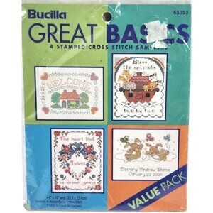 NOS Bucilla Great Basics 4 Stamped Cross Stitch Samplers Noah's Ark Welcome Bunn